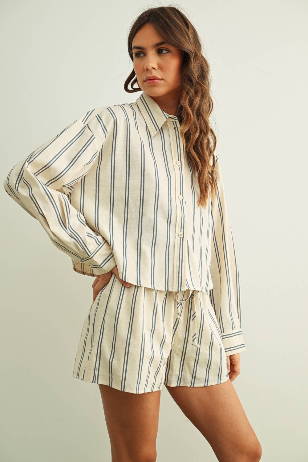 Striped Button Front Kurzarmband Shirt