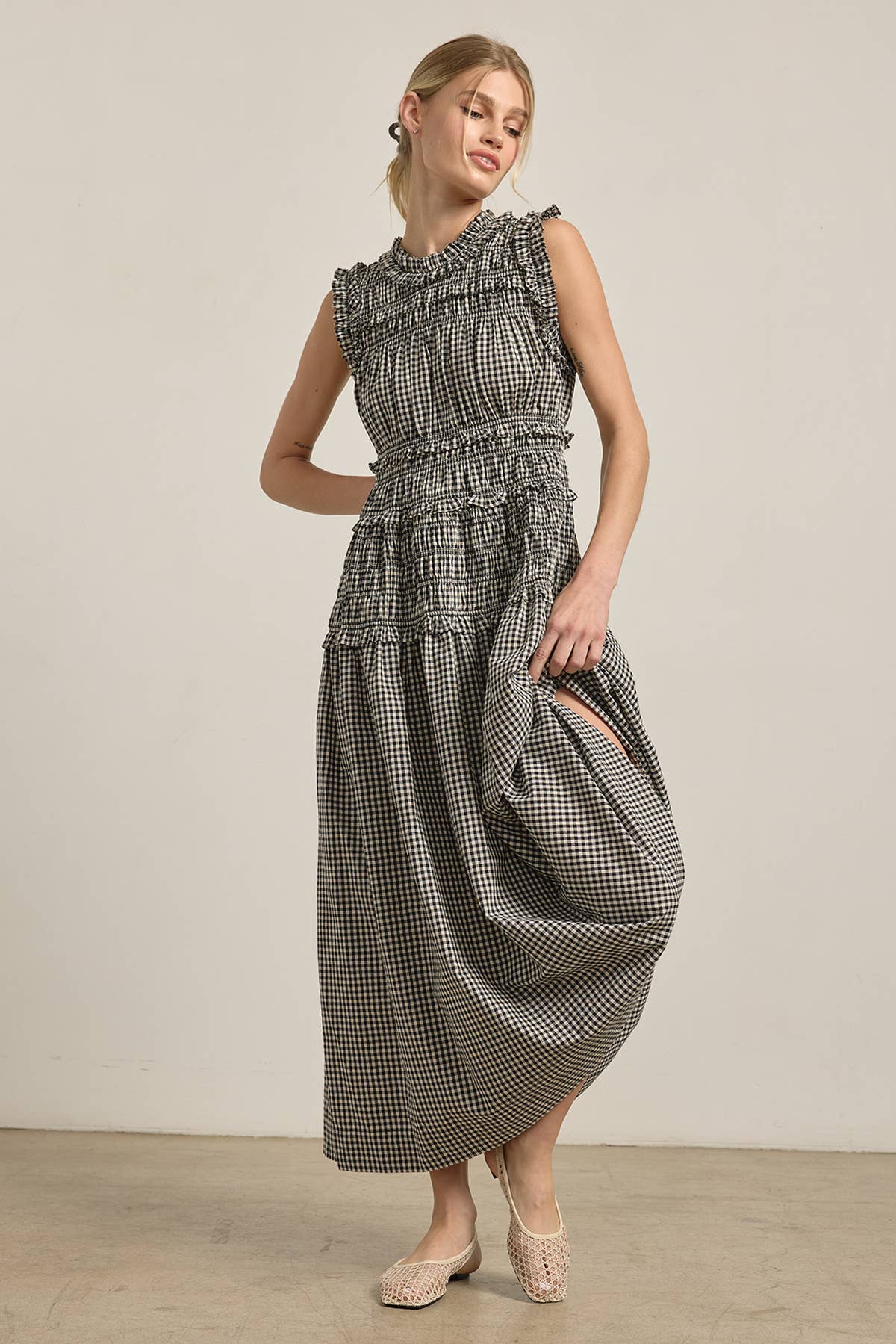 Geschmocktes Gingham Maxi Kleid