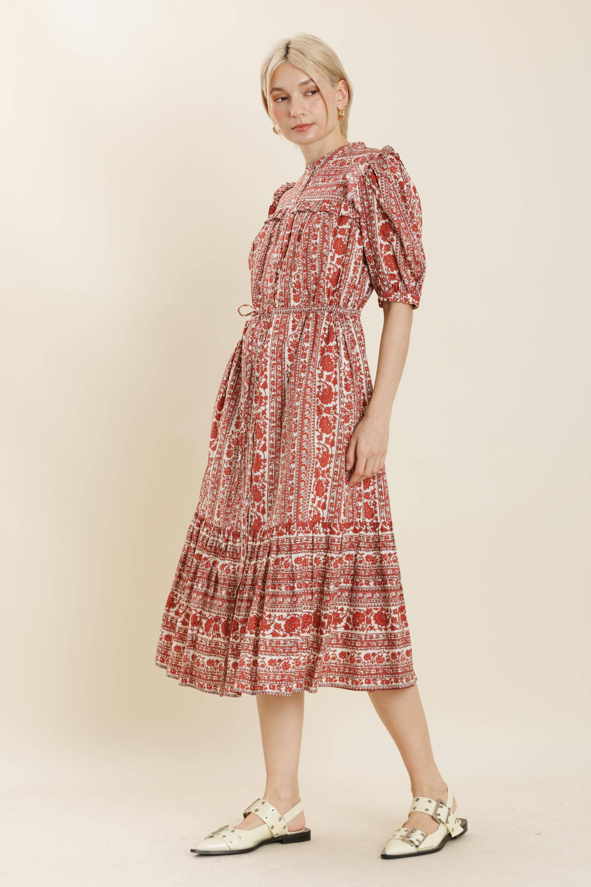 Blumen Ruffle Midi Kleid