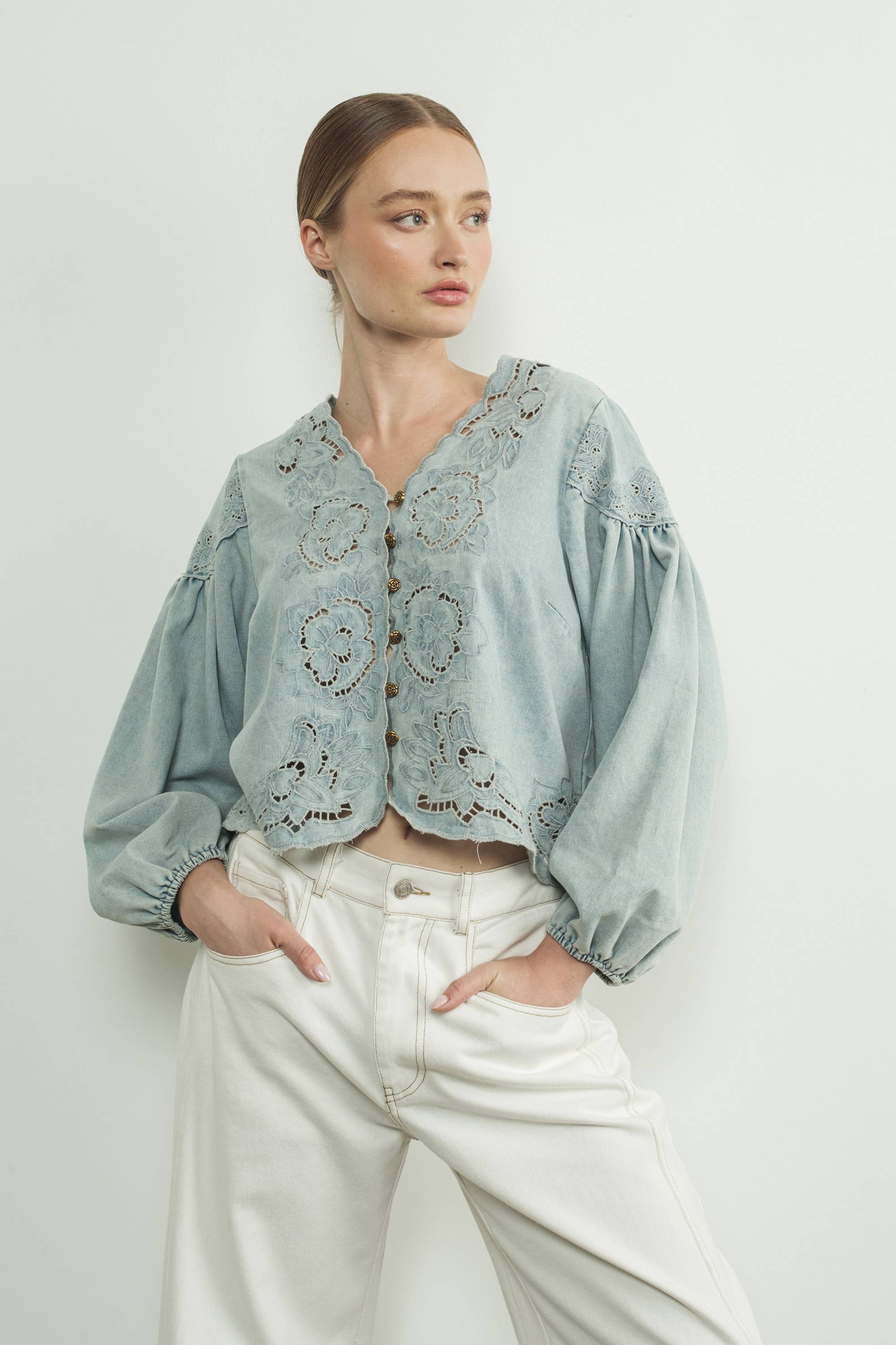 Denim Emstickry Volume Sleeve Blouse Top von Aaron & Amber