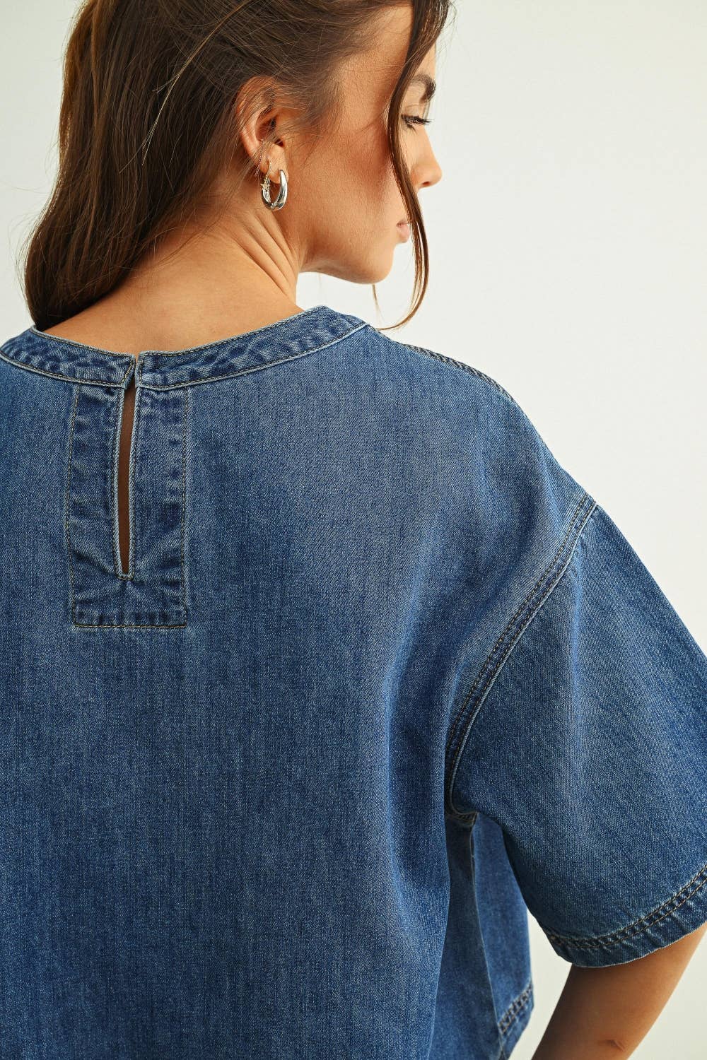Round Neck Kurzarm Denim Top