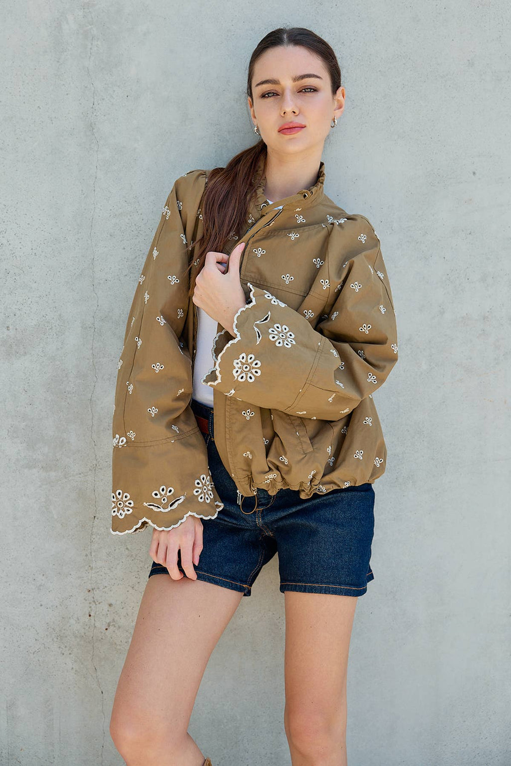 Bestickte Detail Zip-Up Jacke