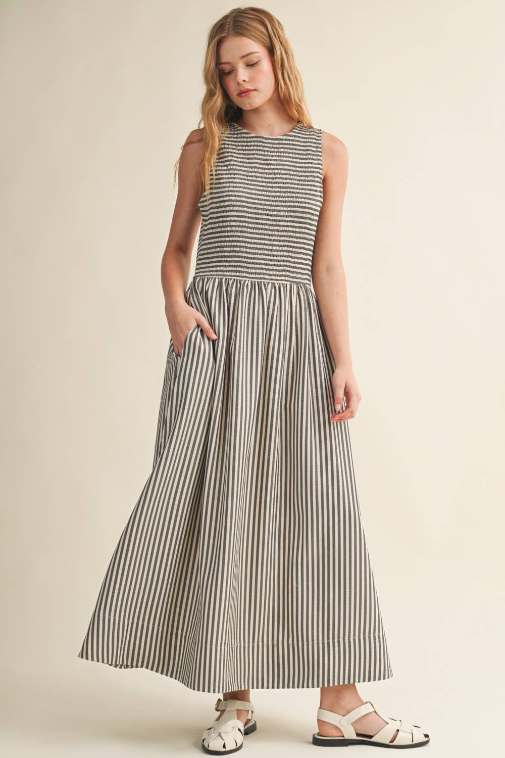 Streifengewebe Smocking Top Long Dress