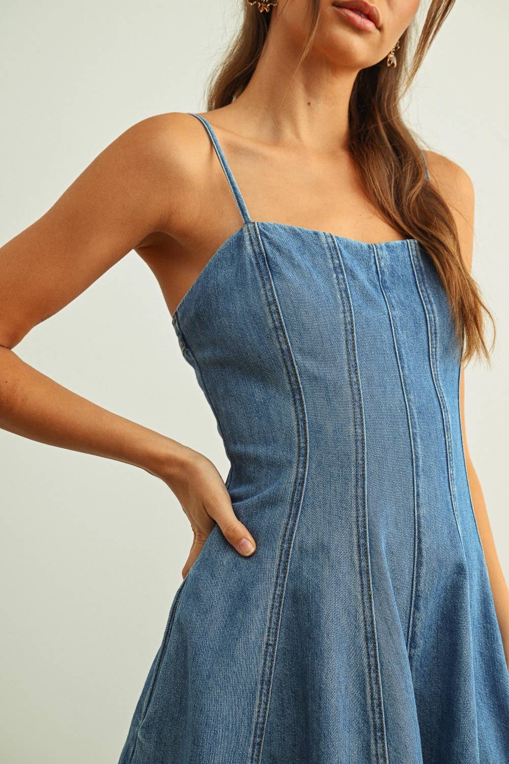 Paneled Washed Denim Romper