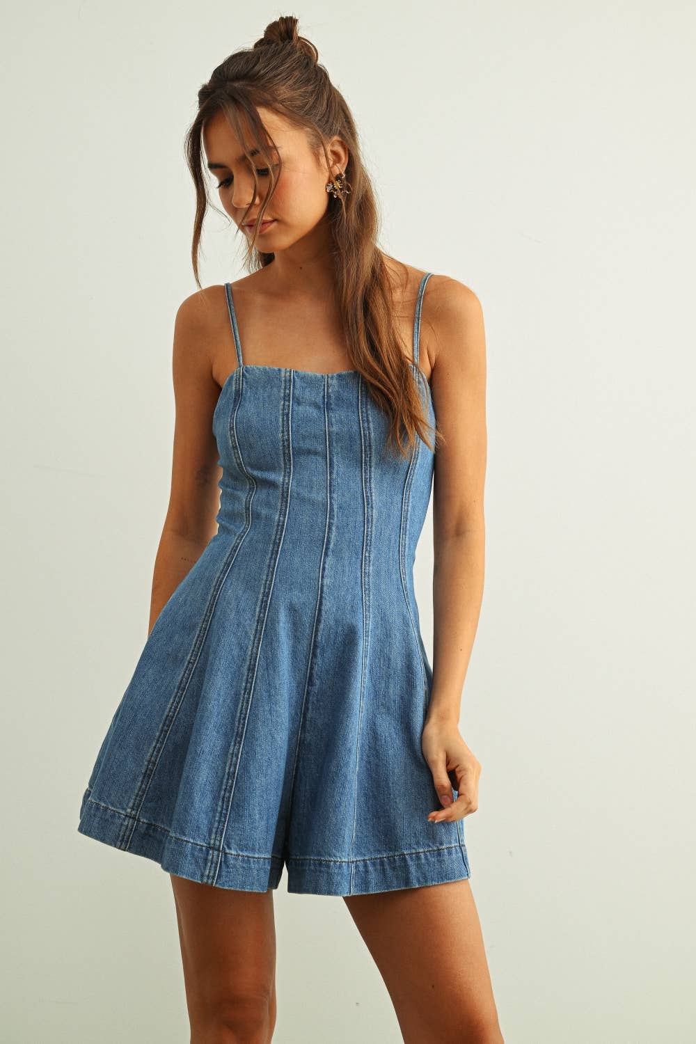 Paneled Washed Denim Romper