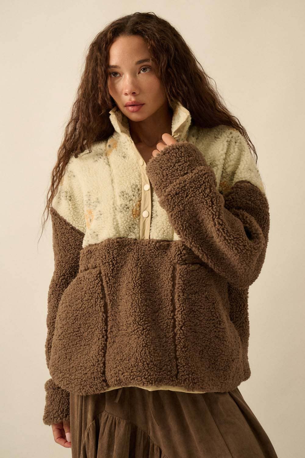 Colorblock Sherpa Fleece Halbschnapp-Pulloverjacke