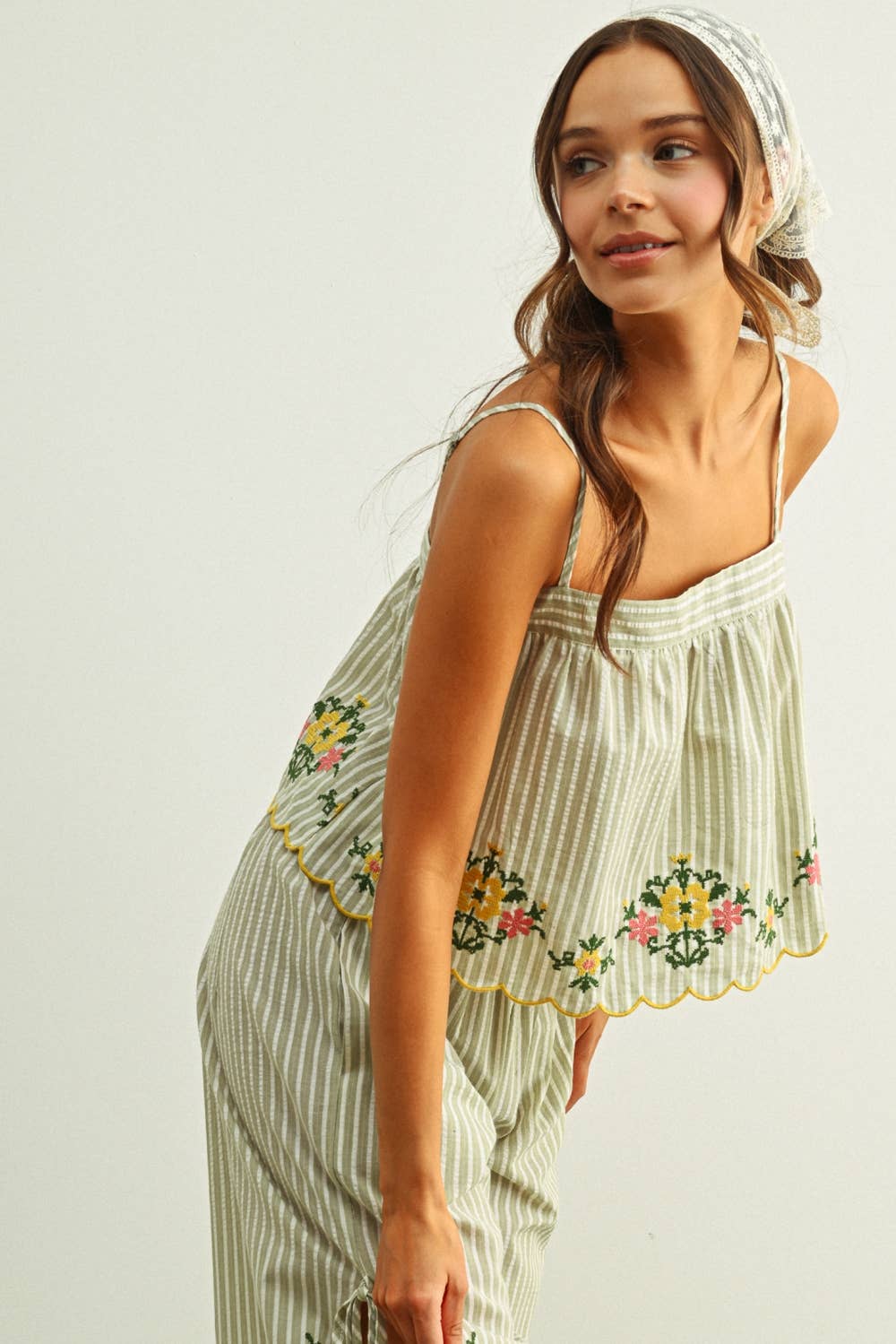 Blumen Stickerei gestreift Top