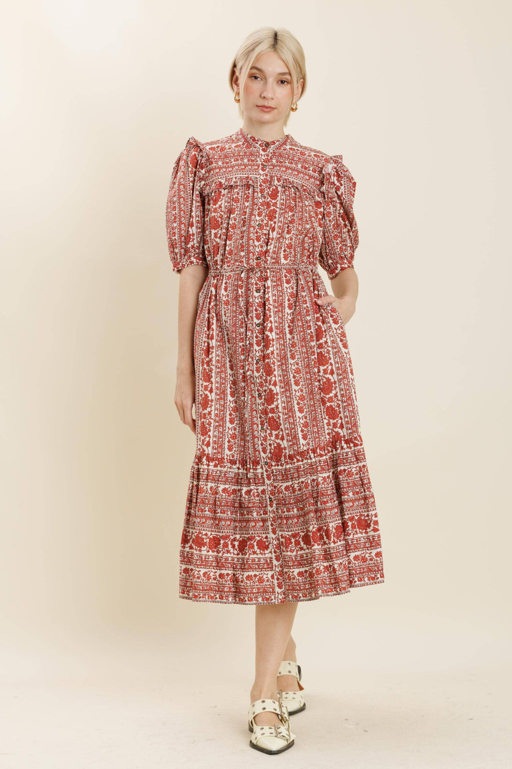 Blumen Ruffle Midi Kleid