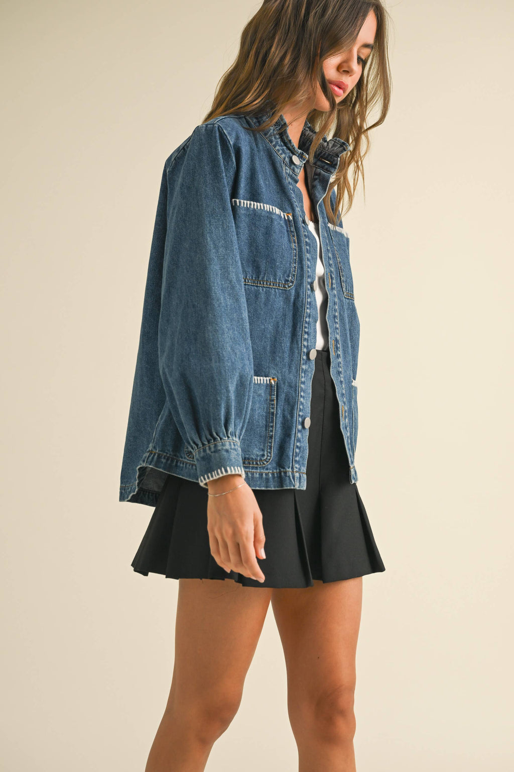Stitch Detail Ruffled Denim Jacke