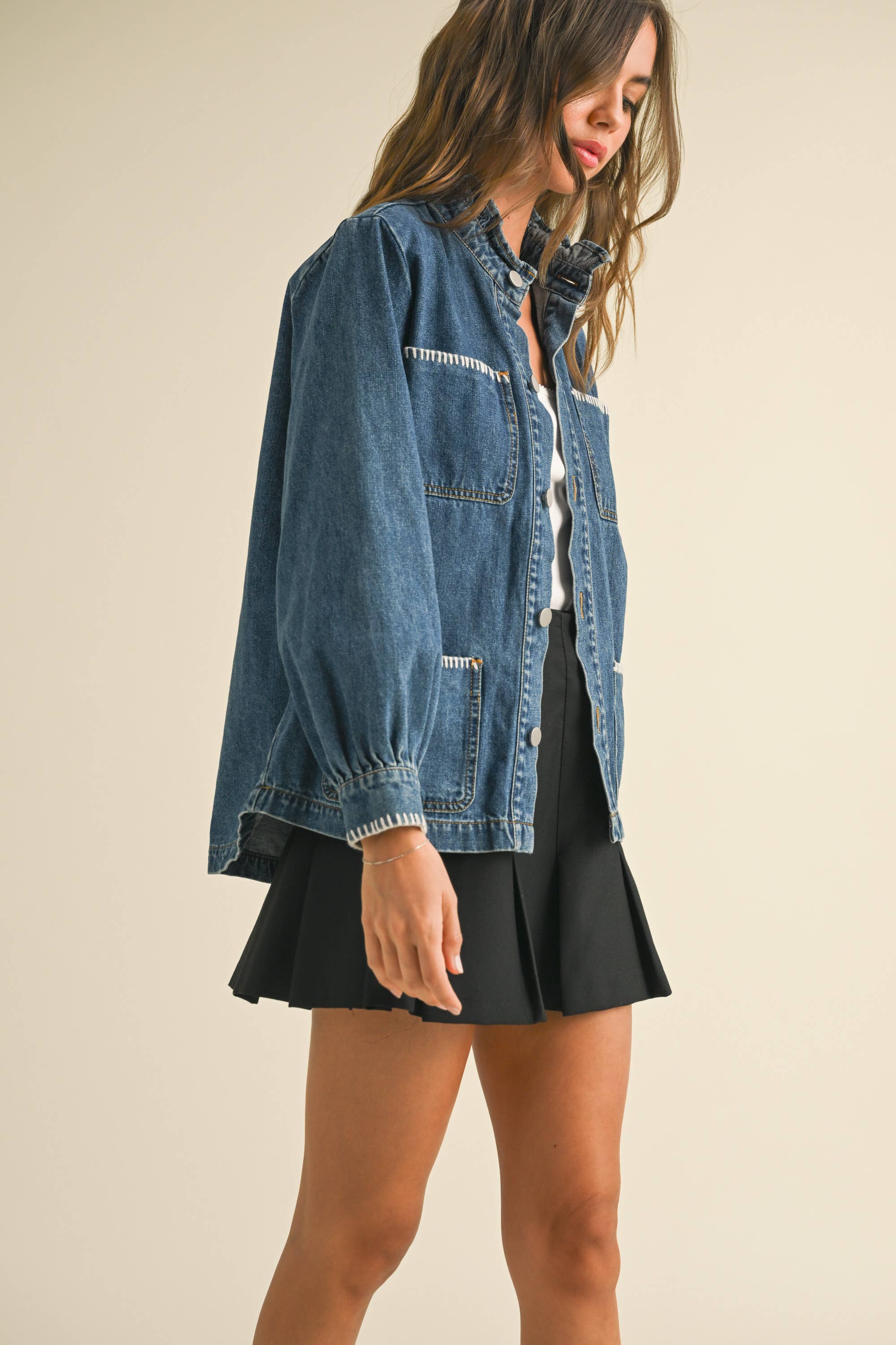 Stitch Detail Ruffled Denim Jacke