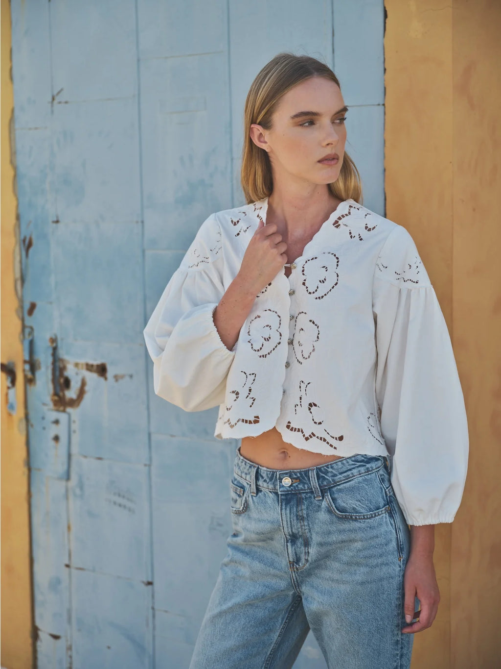 Denim Emstickry Volume Sleeve Blouse Top von Aaron & Amber