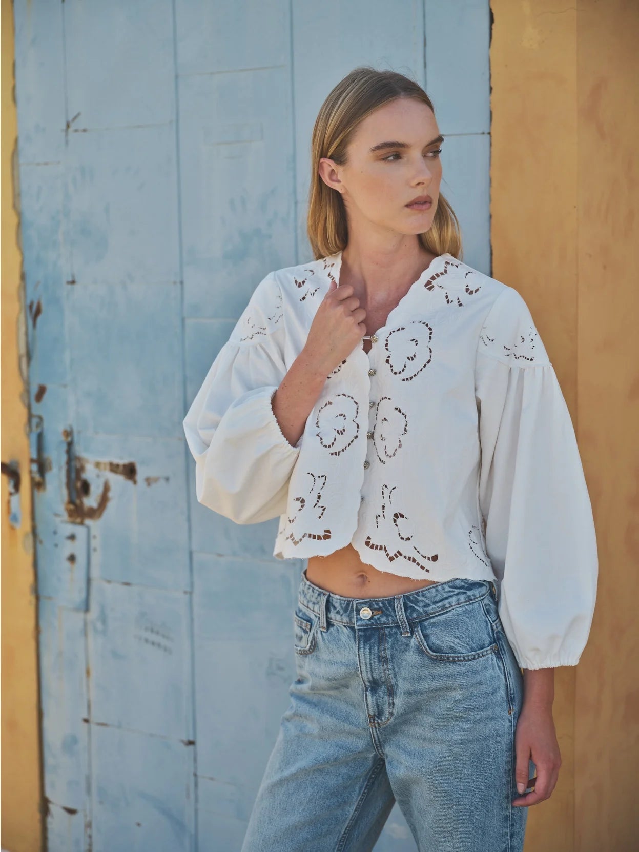 Denim Emstickry Volume Sleeve Blouse Top von Aaron & Amber