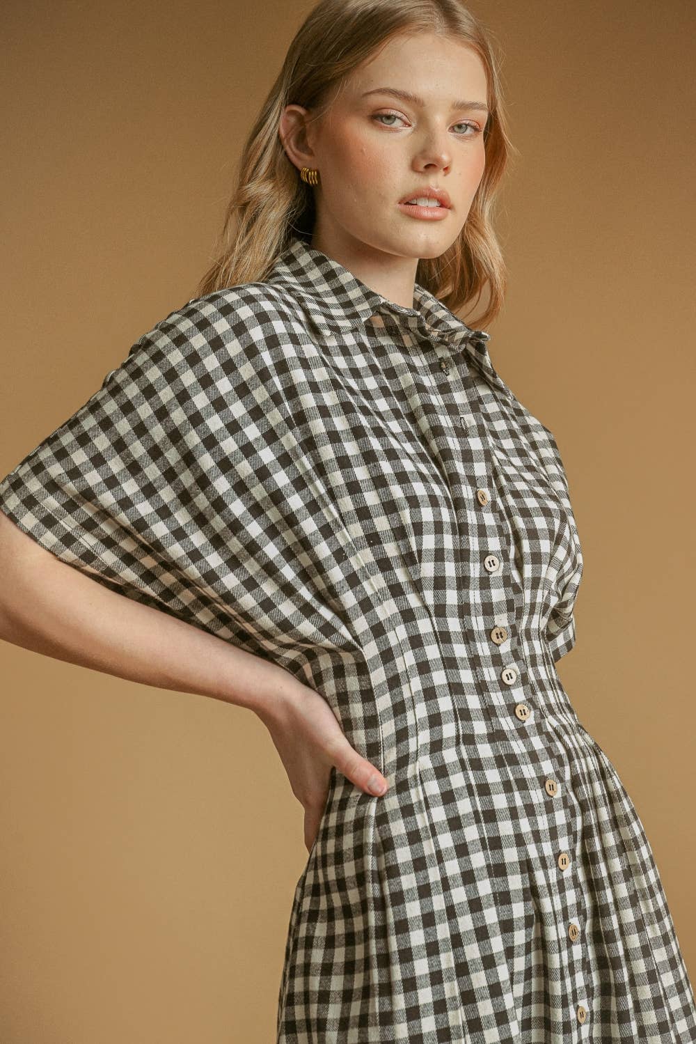 Gingham Pattern Button Down Shirt Kleid