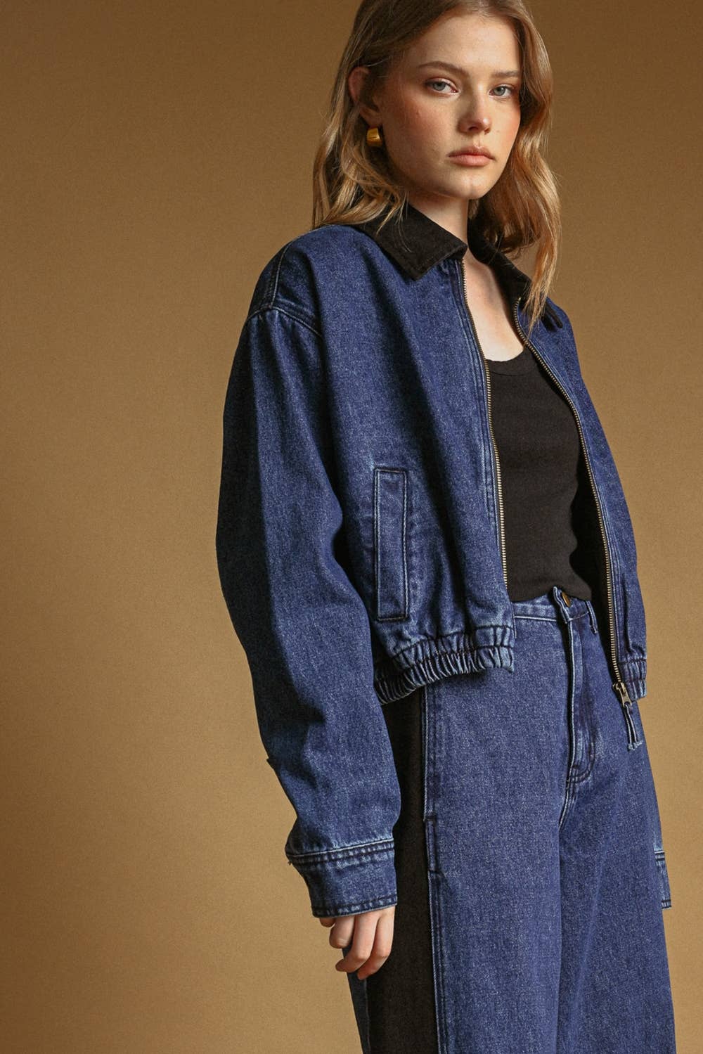 Kragenkontrast Zipper Front Bomber Denim Jacke
