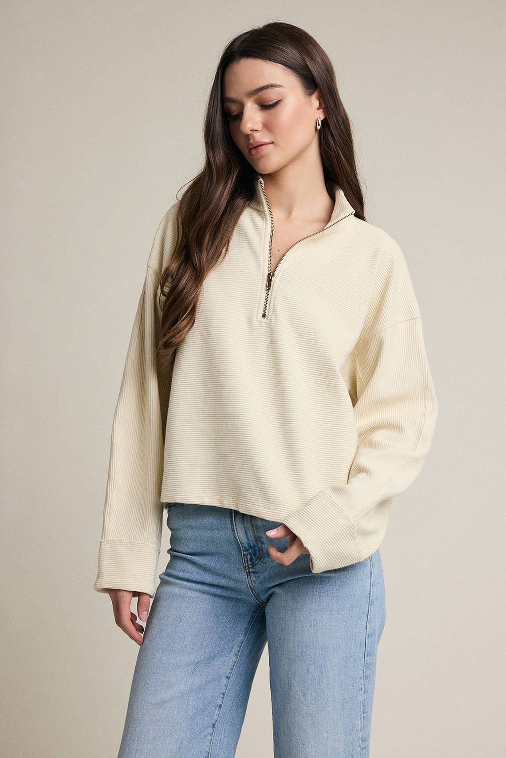 Texturierte Half Zip Pullover Top