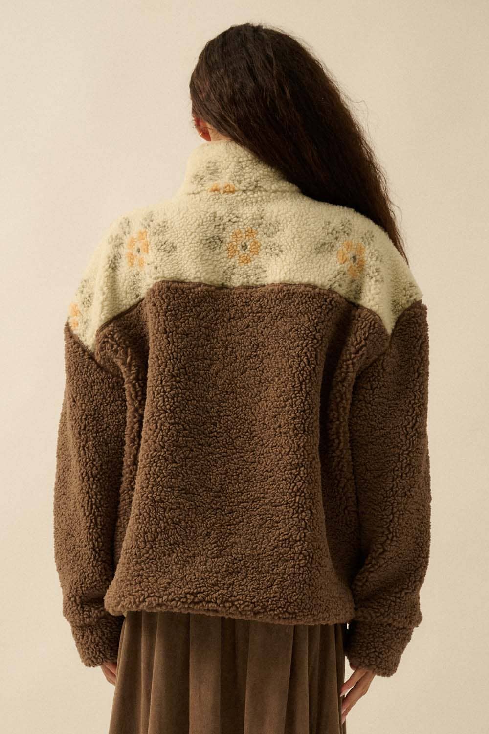 Colorblock Sherpa Fleece Halbschnapp-Pulloverjacke